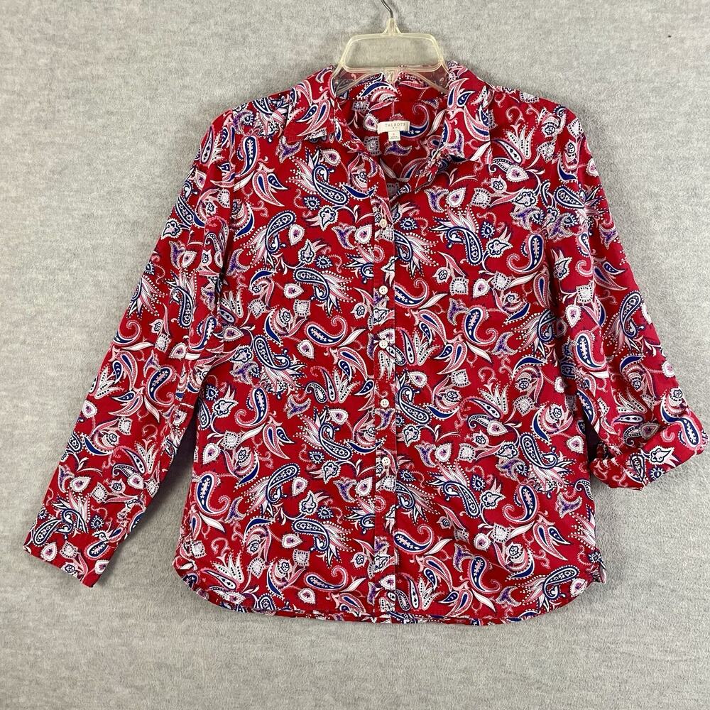 Talbots S Button Up Blouse Red Paisley Long Roll Tab Sleeves 100% Cotton Top - Picture 2 of 11